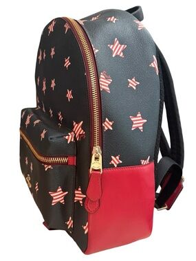 Coach Black Leather Backpack with Red Star Motif and Red Trim
